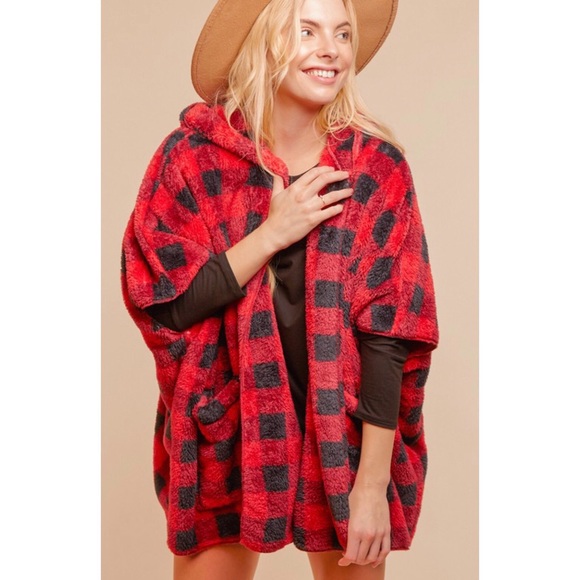 Red Plaid Sherpa Cardigan Open Front Hooded Relaxed Fit - Picture 3 of 11